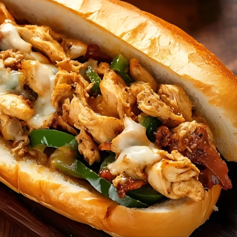 A close-up of a chicken cheesesteak sandwich with melted cheese, green peppers, and onions.