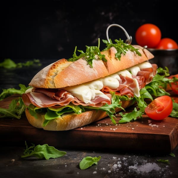 A baguette sandwich filled with prosciutto, fresh mozzarella, and arugula, on a wooden board.