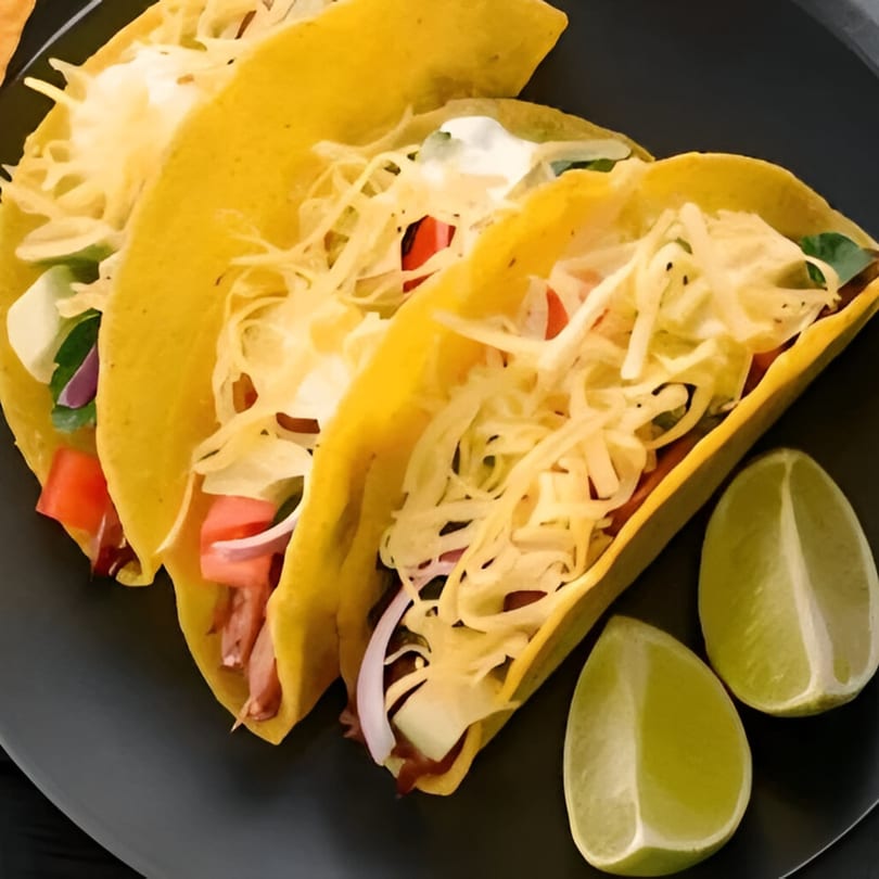 Three vibrant tacos with shredded cheese, vegetables, and meat, served with lime wedges on a dark plate.